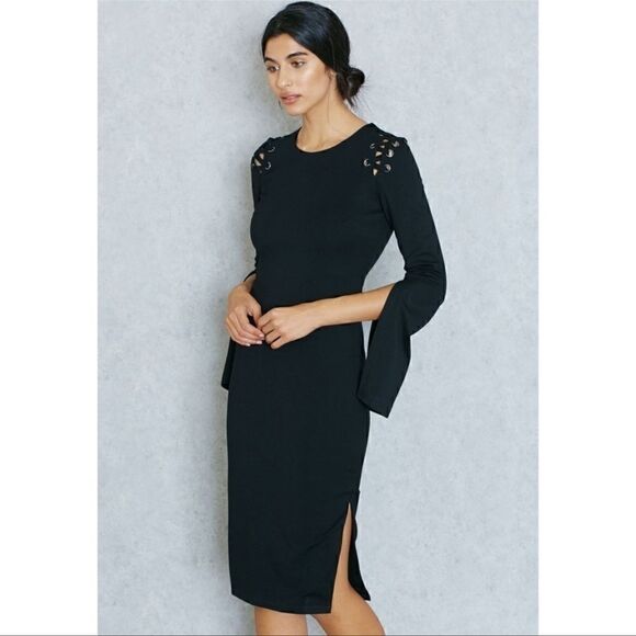 𝅺BARDOT Lace Up Shoulder Luna Midi Dress Black 8 - Picture 1 of 5
